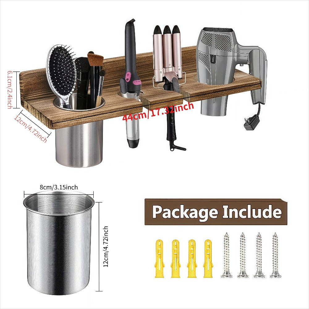 Wall Mounted Hair Tool Organizer – Wooden Hair Dryer Holder & Storage Rack for Curling Iron, Straightener & Brushes