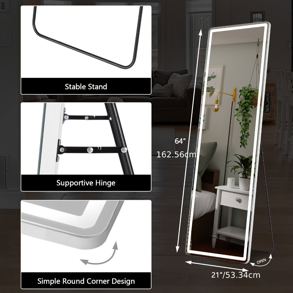 Full Length Mirror Floor Standing with LED Light – Arched & Rect Aluminum Frame Dressing Mirror for Bedroom Living Room, Black/Golden/White
