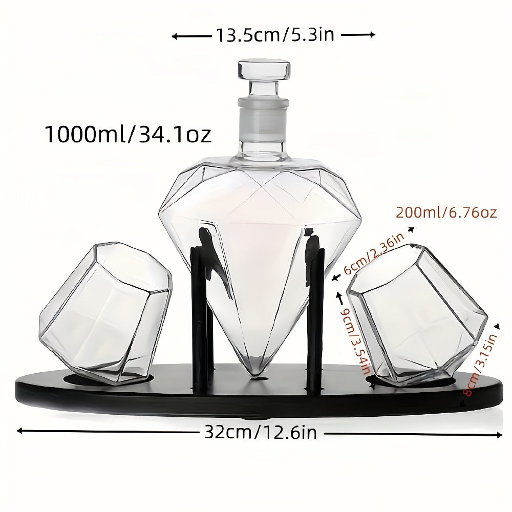 Whiskey Decanter Set with 2 Diamond Glasses & Wooden Rack, Brick Stone Design, Bourbon Rum Vodka Tequila Gift Set for Men Home Bar