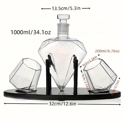Whiskey Decanter Set with 2 Diamond Glasses & Wooden Rack, Brick Stone Design, Bourbon Rum Vodka Tequila Gift Set for Men Home Bar