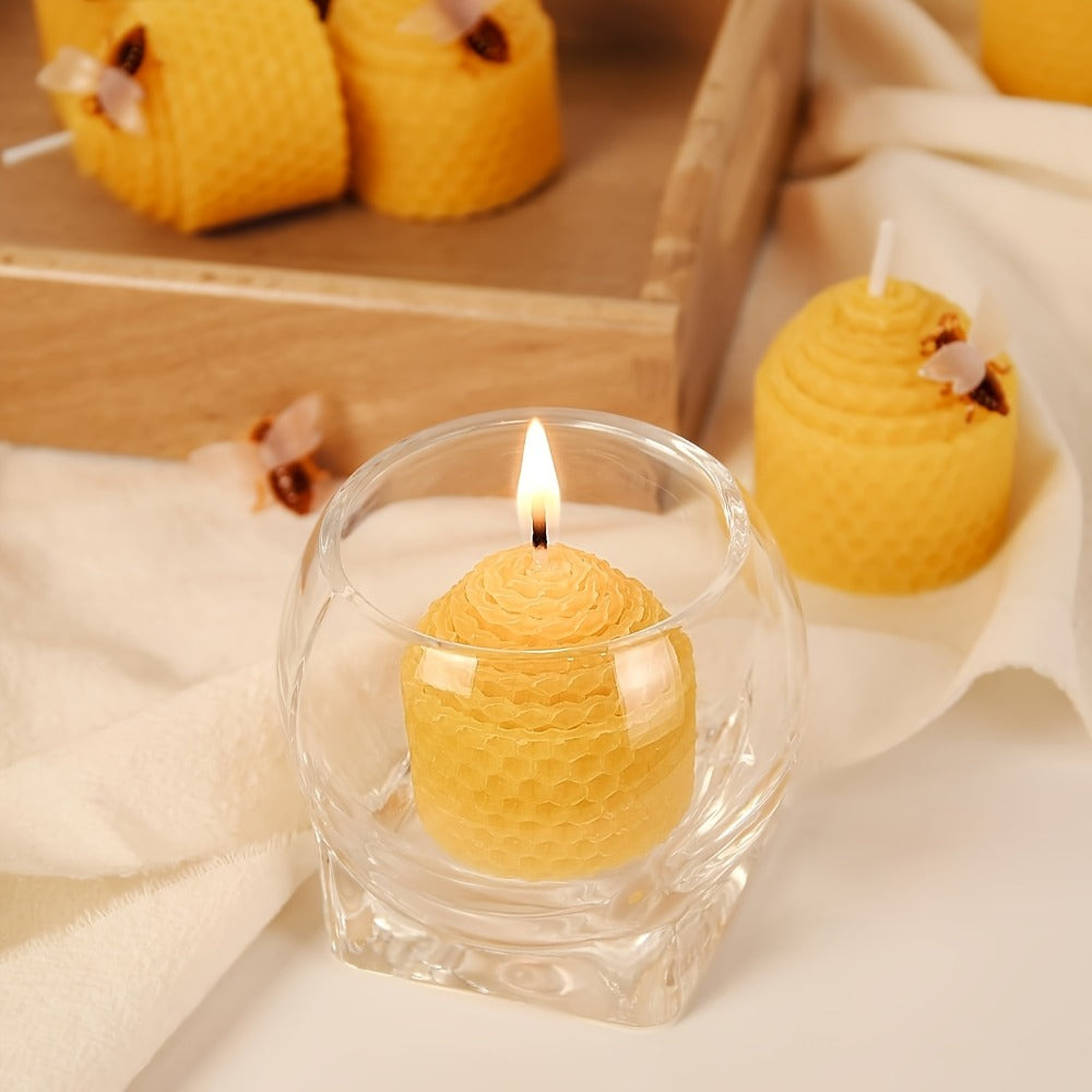 Beeswax Candles Set – Natural Pure Beeswax Votive Candles with Bee Decorations, Handcrafted from Beekeepers
