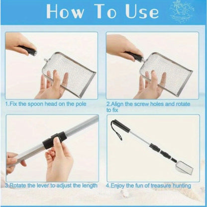 Beach Sand Sifter Scoop Telescopic Handle – Stainless Steel Retractable 3-Section Scoop for Treasure Hunting Shell Collecting Beach Combing