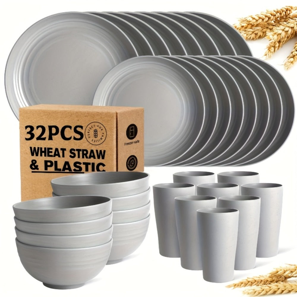 Wheat Straw Dinnerware Set 16 or 32 Piece – Plates & Bowls for 4 or 8 People, Microwave & Dishwasher Safe Plastic Dish Set
