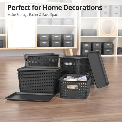 Shelf Storage Organizer Bins with Lids 4 or 8 Pack, Stackable 10 x 7 x 4 Inch Boxes in Four Colors