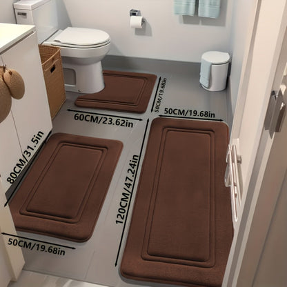 Three-Piece Bathroom Mat Set with 50 × 120, 50 × 80 and 50 × 60 cm Rugs in Five Solid Colors