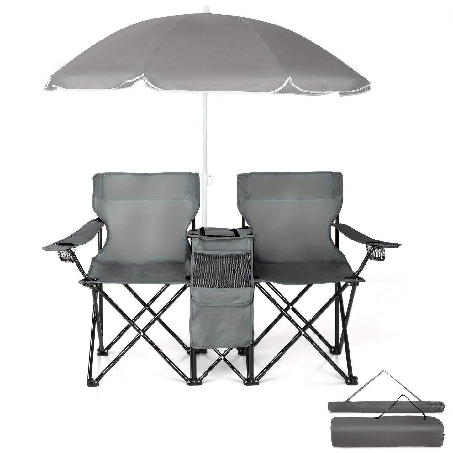 Portable Folding Chair with Removable Sun Umbrella – 2-Seat Outdoor Foldable Chair, Steel Frame Oxford Fabric