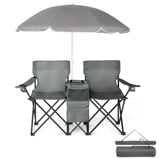 Portable Folding Chair with Removable Sun Umbrella – 2-Seat Outdoor Foldable Chair, Steel Frame Oxford Fabric
