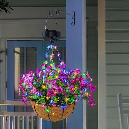 Solar Hanging Flower Basket with RGB String Lights, 10 Inch Artificial Flowers, Dusk-to-Dawn Auto On