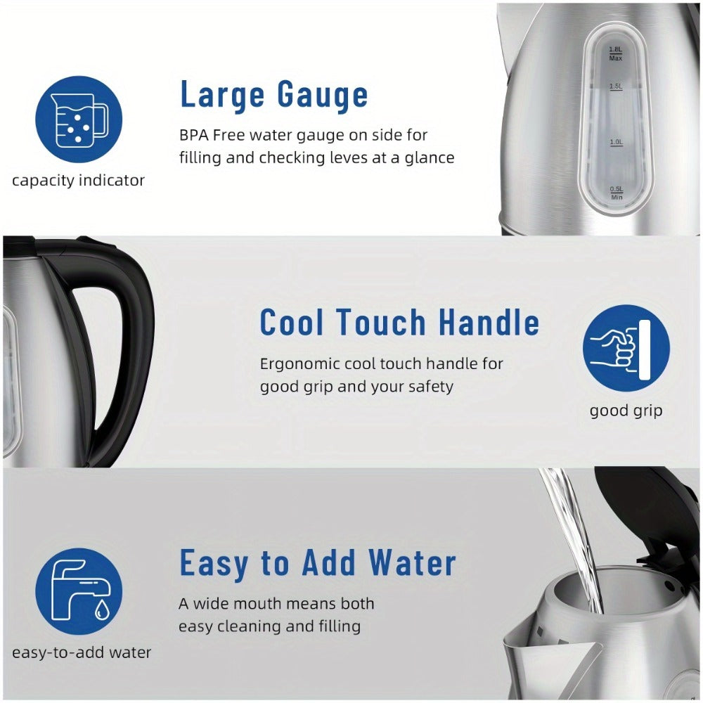 Electric Kettle 1.8L 1200W Stainless Steel with Water Window, Auto Shut-Off and Cordless Base