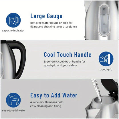 Electric Kettle 1.8L 1200W Stainless Steel with Water Window, Auto Shut-Off and Cordless Base