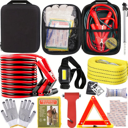 Car Emergency Roadside Kit with Jumper Cables – 12-Piece Automotive Safety Kit with Tow Rope, Safety Hammer, Tire Gauge