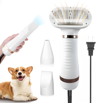 Pet Hair Dryer 2-in-1 with Self-Cleaning Slicker Brush – Portable Dog Blow Dryer for Dogs & Cats, 3 Temperature Settings, Low Noise
