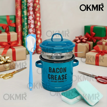 Bacon Grease Container with Lid, Large Grease Storage Can with Heat-Resistant Filter, Silicone Spatula & Cleaning Sponge Set
