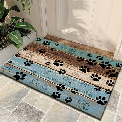 Cat Paw Print Door Mat with Blue and Brown Wood-Look Bands in Three Rectangular Entryway Sizes