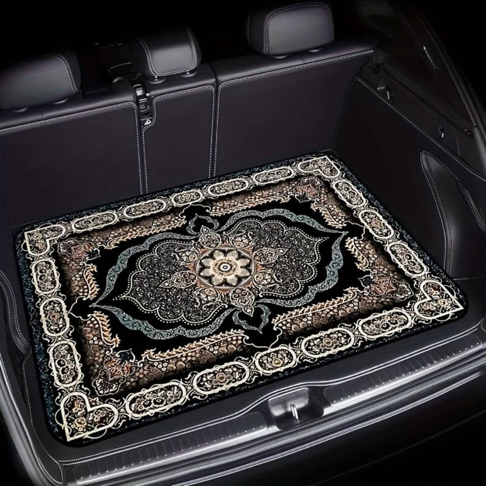 Car Trunk Liner Non-Slip Cargo Mat – Soft Dustproof Machine Washable Auto Trunk Protector with Elegant Black & Gold Intricate Pattern