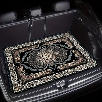 Car Trunk Liner Non-Slip Cargo Mat – Soft Dustproof Machine Washable Auto Trunk Protector with Elegant Black & Gold Intricate Pattern