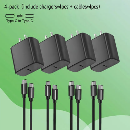 Four-Pack USB-C Wall Charger Bundle with Four Black Charging Blocks and Four Type-C Cables