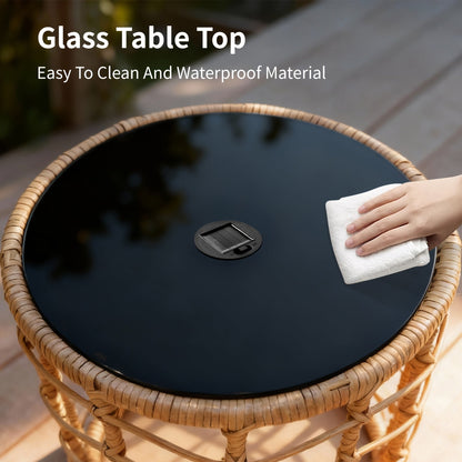 Outdoor Side Tables for Patio, Set of 2 Nesting PE Wicker Frames with Tempered Glass Tops for Patio or Balcony Layouts