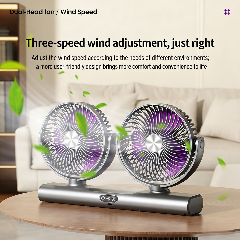 Double Head Air Circulation Fan USB Rechargeable, Desktop & Wall-Mounted 3-Speed Dual-Head Fan with Atmosphere Night Light