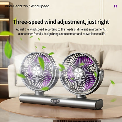 Double Head Air Circulation Fan USB Rechargeable, Desktop & Wall-Mounted 3-Speed Dual-Head Fan with Atmosphere Night Light