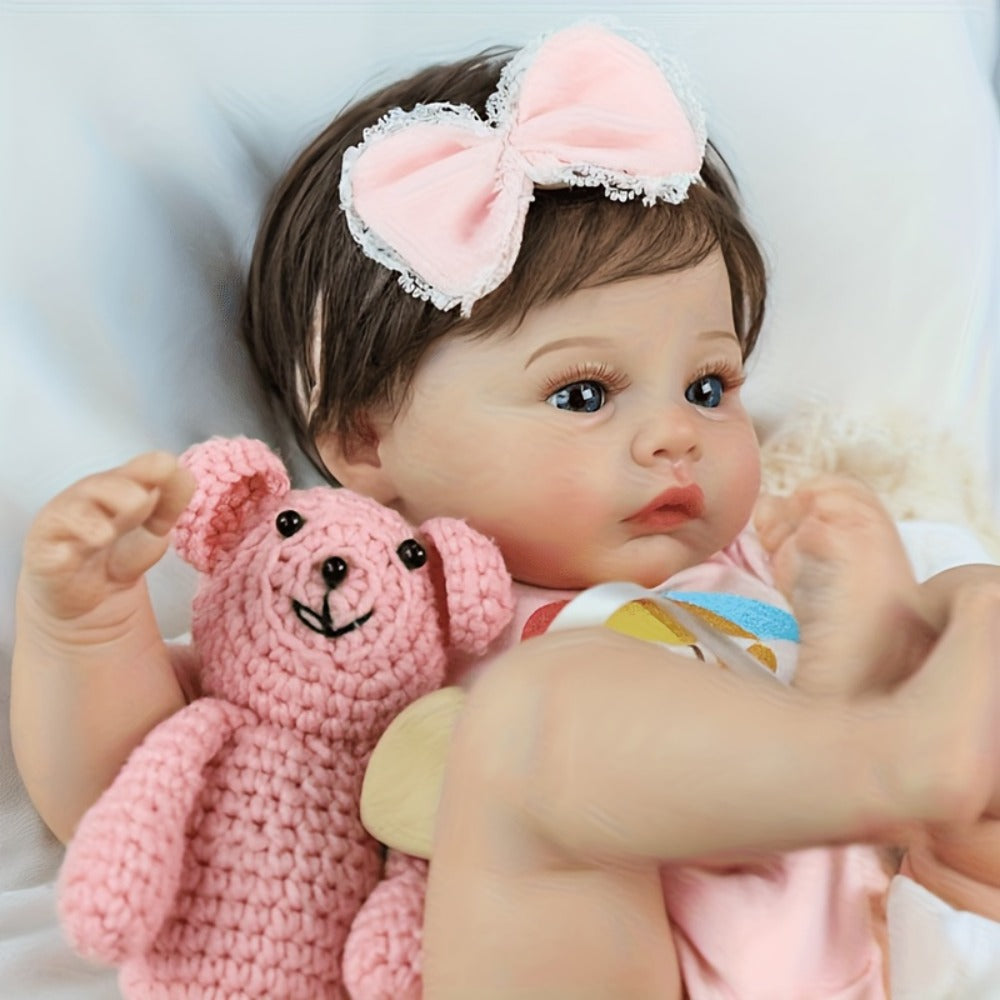 Reborn Doll, Soft-Body Sleeping Figure with Hand-Painted Details, Purple Bows and Floral Outfit