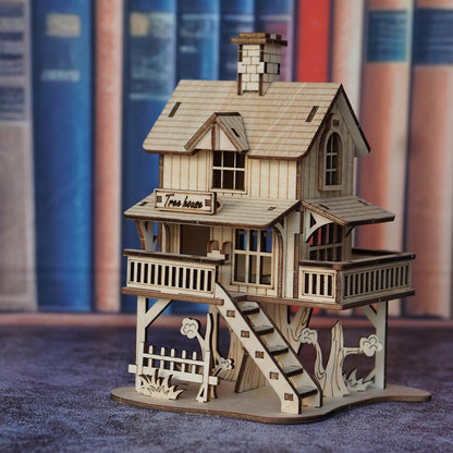 3D Wooden Tree House Puzzle Model Kit with 17 x 12.5 x 11.5 cm Display Size and Detailed Cabin Architecture