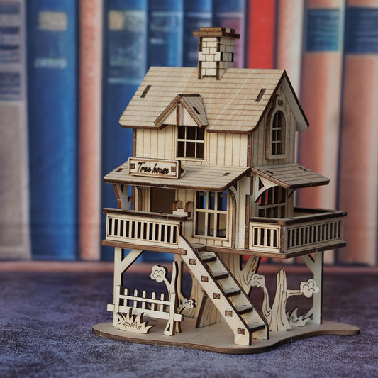 3D Wooden Tree House Puzzle Model Kit with 17 x 12.5 x 11.5 cm Display Size and Detailed Cabin Architecture