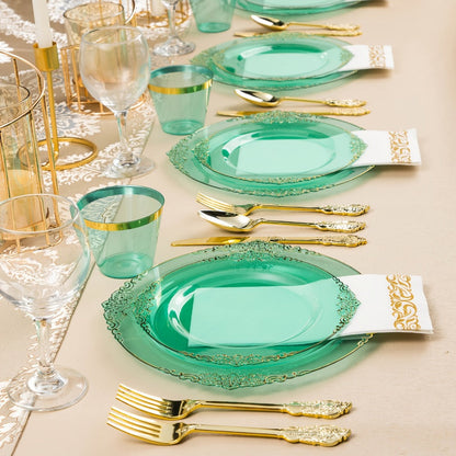 Disposable Party Plates Set 175 Pieces for 25 Guests Clear Plastic Plates with Gold Trim for Entryways, Bedrooms and Living Spaces