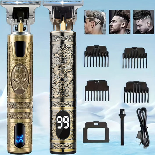 LED Hair Trimmer for Men – T-Blade USB Rechargeable 2000mAh, Vintage Dragon & Mustache Design, 4 Guide Combs, Cordless Precision Grooming