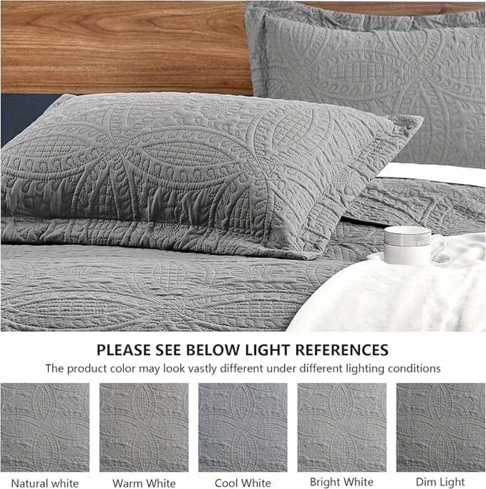 Quilt Set 3 Piece Lightweight Microfiber Bedspread with Pillow Shams – Coin Pattern Coverlet All Season Soft Bed Quilt Full Queen King