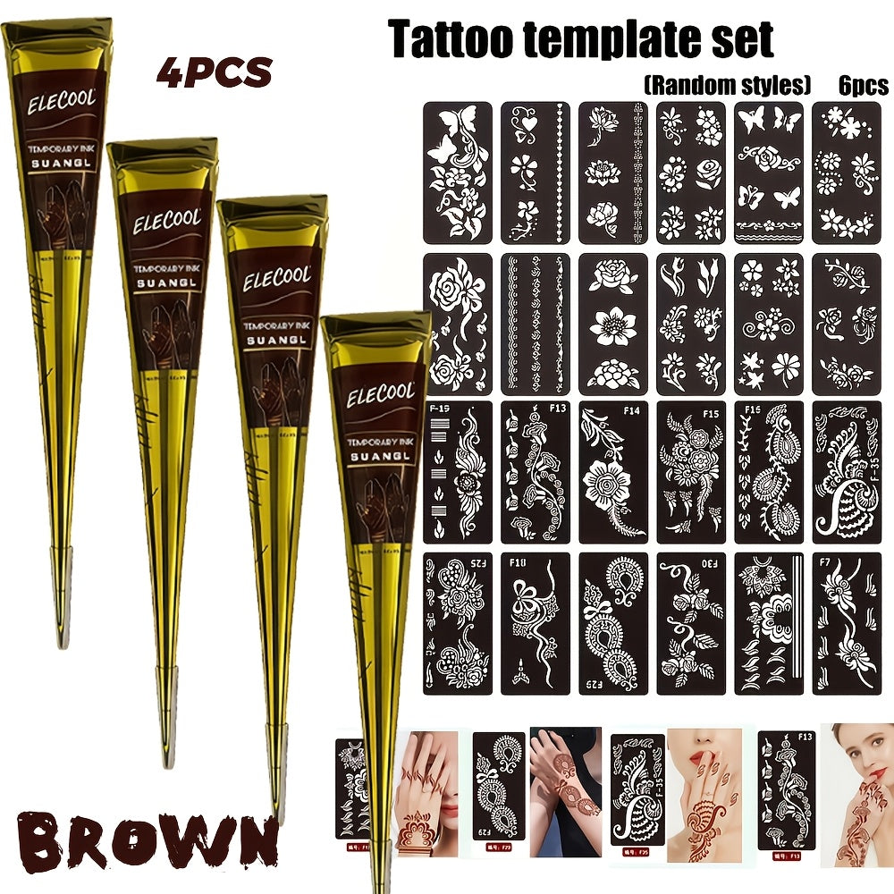Temporary Semi-Permanent Tattoo Paste Kit - Body Art Gel in Brown & Black with Tattoo Templates