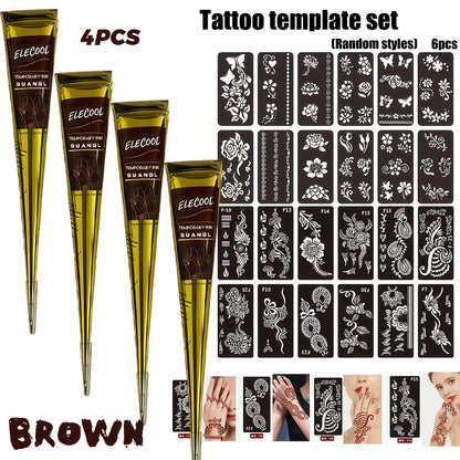 Temporary Semi-Permanent Tattoo Paste Kit - Body Art Gel in Brown & Black with Tattoo Templates