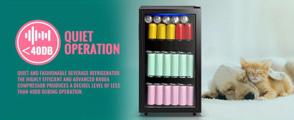 Beverage Refrigerator with Glass Door, Mini Drink Cooler Fridge with Blue LED Light, 3 Adjustable Shelves & R600a Compressor