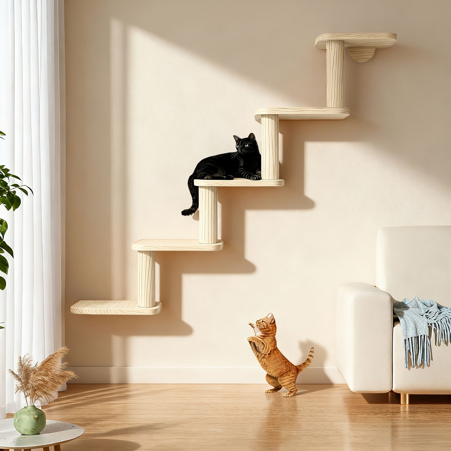 Wall-Mounted Cat Tree 5 Layers Solid Wood Indoor Cat Climbing Frame Jumping Platform Ladder Space-Saving for Small Spaces Multi-Cat Homes