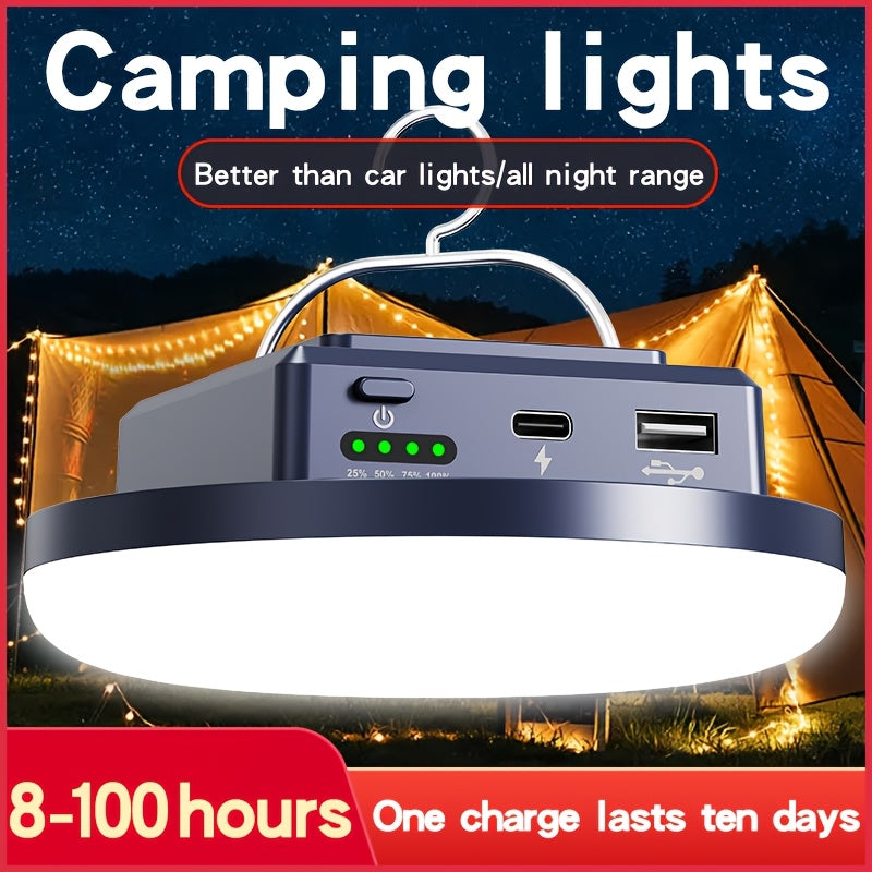 Round USB-Rechargeable Camping Lantern with Four Light Modes, Hanging Hook and Blue, White or Green Housing