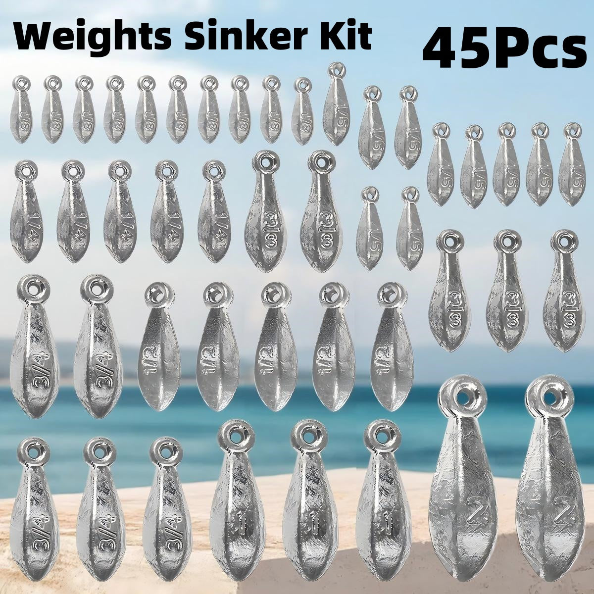 Fishing Sinker Weights Kit 45pcs – Bullet Bank Sinkers for Saltwater & Freshwater Fishing – 8 Sizes (1/8oz to 2oz) Corrosion-Resistant Lead