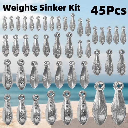Fishing Sinker Weights Kit 45pcs – Bullet Bank Sinkers for Saltwater & Freshwater Fishing – 8 Sizes (1/8oz to 2oz) Corrosion-Resistant Lead