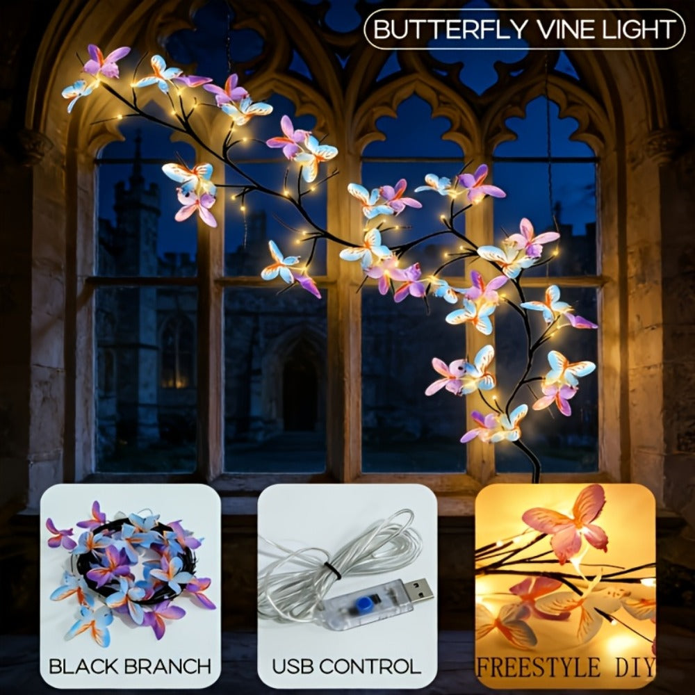 String Lights, 30-LED Butterfly Vine Fairy Branch with Eight Modes, USB Power and Warm White Indoor Glow