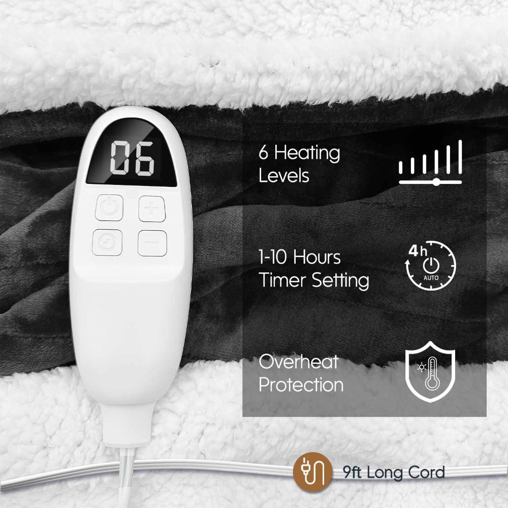 Electric Heated Blanket Flannel Sherpa - 6 Heat Settings, Auto Shutoff, Quick Heating, ETL & FCC