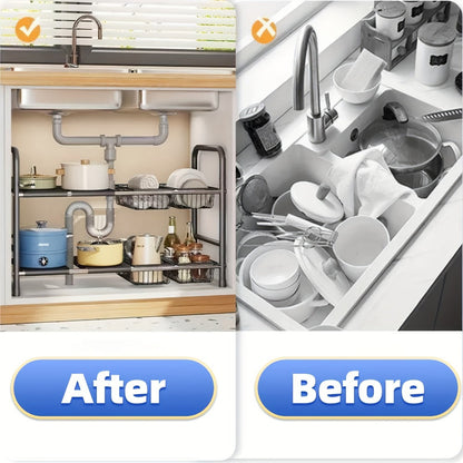 Expandable Two-Tier Under-Sink Organizer with L-Shaped Frame, Removable Panels and Hanging Basket Options