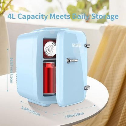 Mini Fridge 4 Liter 6 Cans - Thermoelectric Cooler and Warmer, 110V AC & 12V DC Portable Small Refrigerator for Bedroom