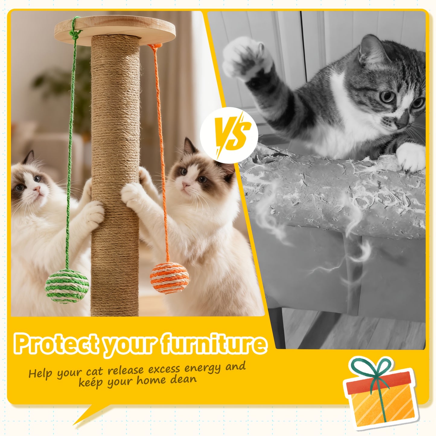 Multi-Level Sisal Cat Scratching Post 4-in-1 with 6 Wooden Balls 2 Hanging Balls & 2 Feather Teaser Toys – Premium Thickened Sisal Anti-Slip