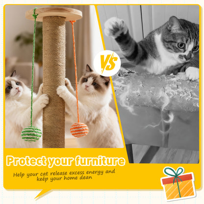 Multi-Level Sisal Cat Scratching Post 4-in-1 with 6 Wooden Balls 2 Hanging Balls & 2 Feather Teaser Toys – Premium Thickened Sisal Anti-Slip