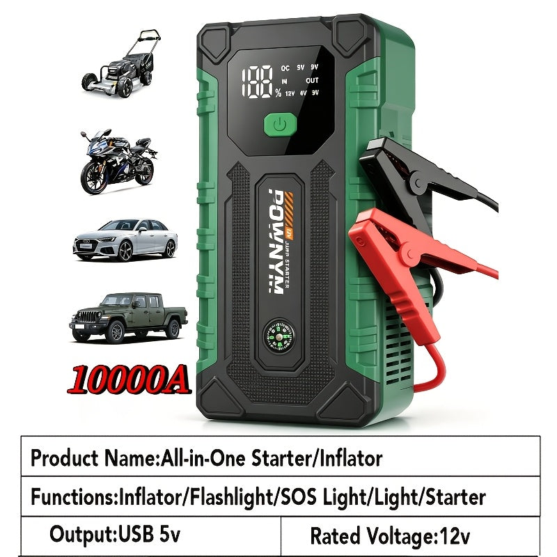 Portable Car Jump Starter 10000A – 9-in-1 Battery Booster with 350PSI Tire Inflator, LED Light, USB-C Fast Charging