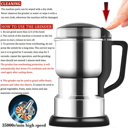 Electric Spice Grinder 300W, Multifunctional 304 Stainless Steel Coffee Bean Herb Seasoning Grain Grinder Machine for Kitchen