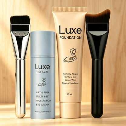 Liquid Foundation Makeup Set 4 Pcs, Full Coverage Buildable Foundation, Eye Cream Applicator & 2 Foundation Brushes