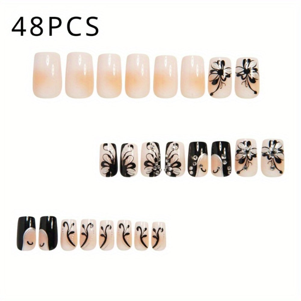 Press On Nails 48-Piece Medium Square Black and White Matte French Tip Butterfly Full-Cover Set