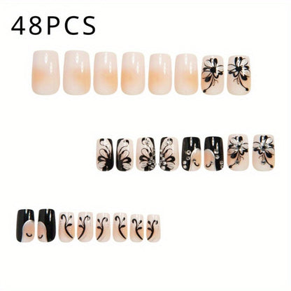 Press On Nails 48-Piece Medium Square Black and White Matte French Tip Butterfly Full-Cover Set