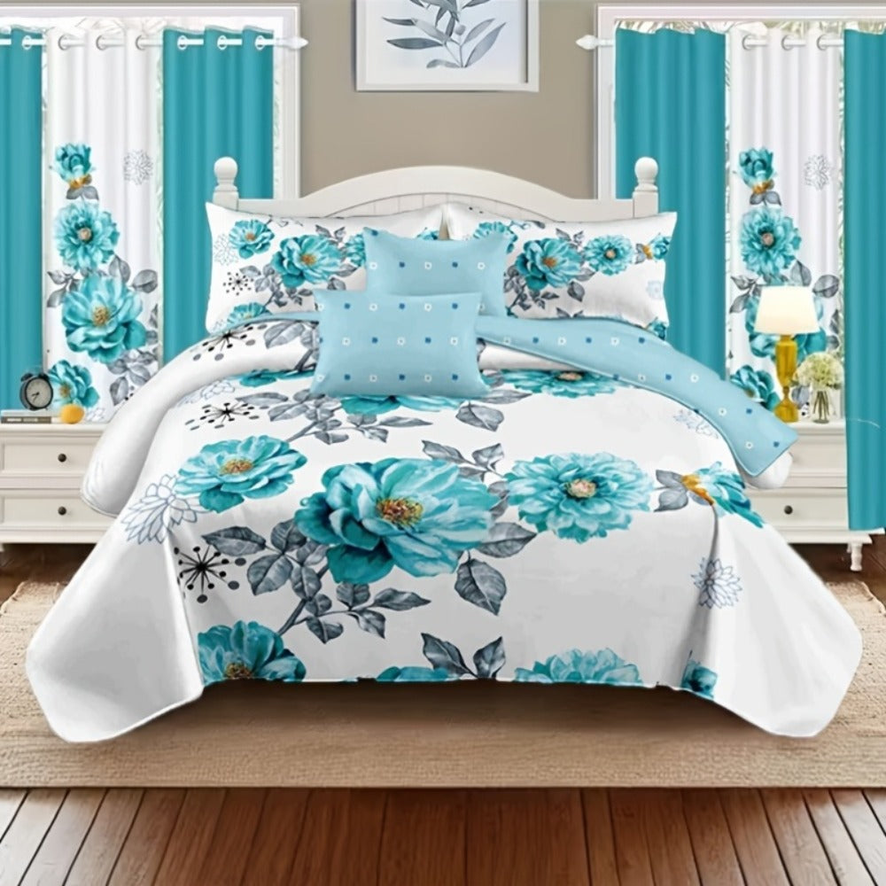 Botanical Floral Comforter and Pillowcase Set in Pink, Cyan or Lake Blue with Twin, Queen and King Sizes