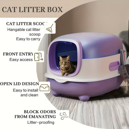Covered Cat Litter Box with Scoop – Fully Enclosed Hooded Design, Spill-Proof & Odor-Reducing | Easy to Clean